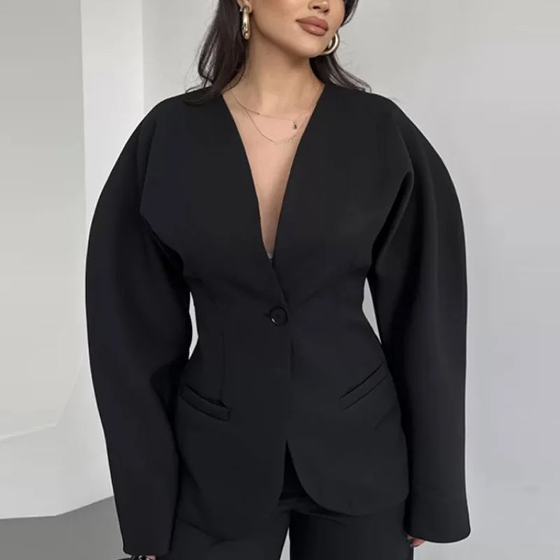 Elegant V-neck Blazers Coat Pants Set Women Solid Single Button Suit Coats Straight Long Trousers 2025 Autumn Office Lady Outfit
