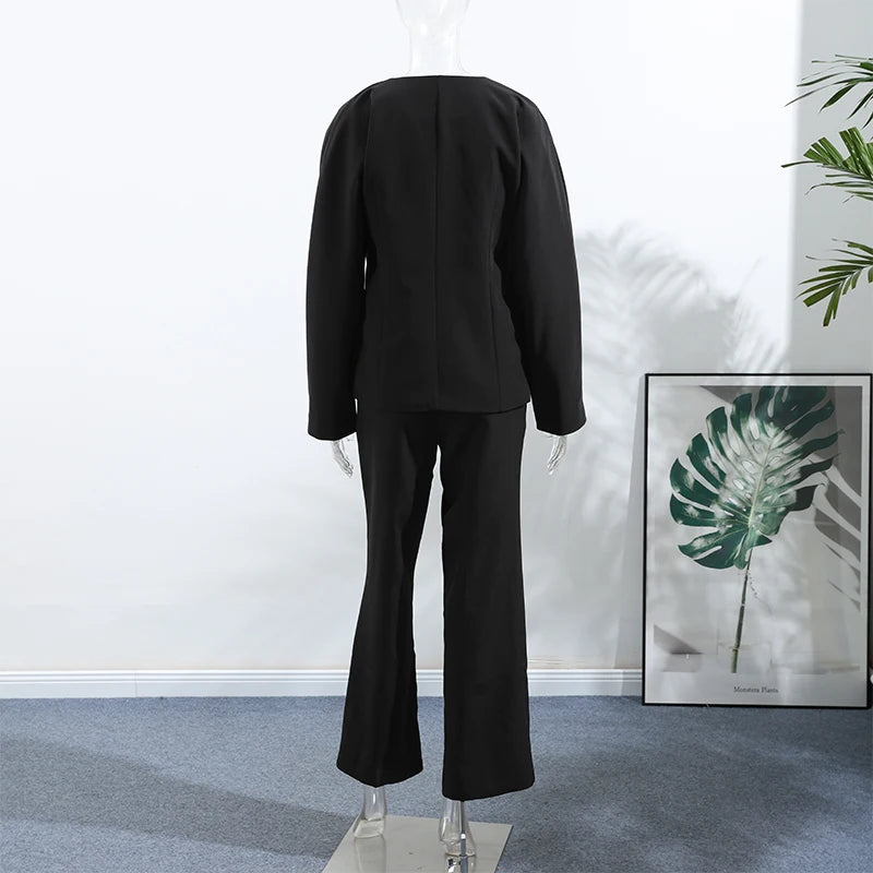 Elegant V-neck Blazers Coat Pants Set Women Solid Single Button Suit Coats Straight Long Trousers 2025 Autumn Office Lady Outfit