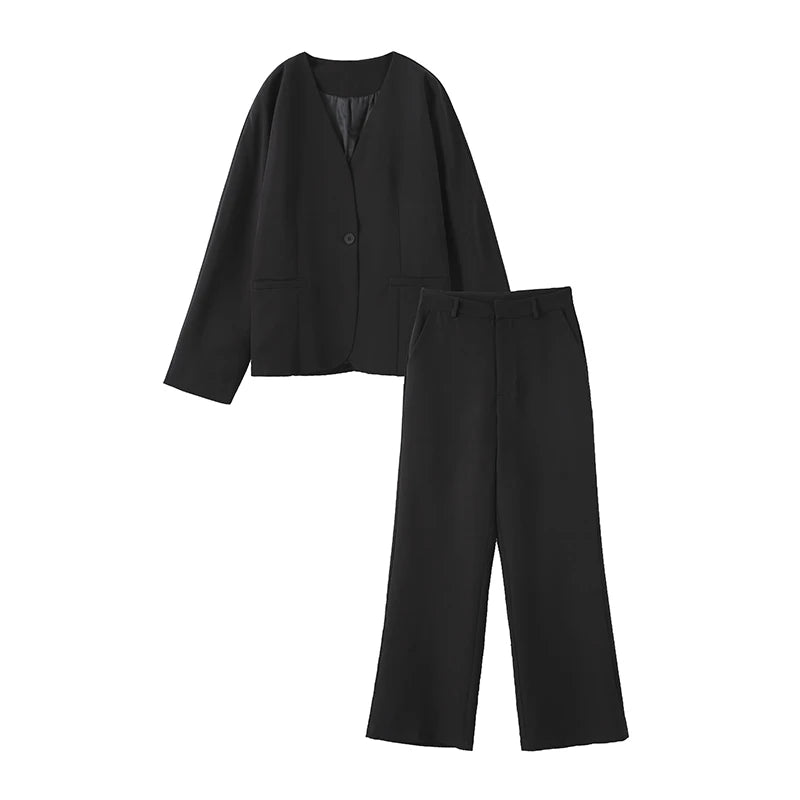 Elegant V-neck Blazers Coat Pants Set Women Solid Single Button Suit Coats Straight Long Trousers 2025 Autumn Office Lady Outfit