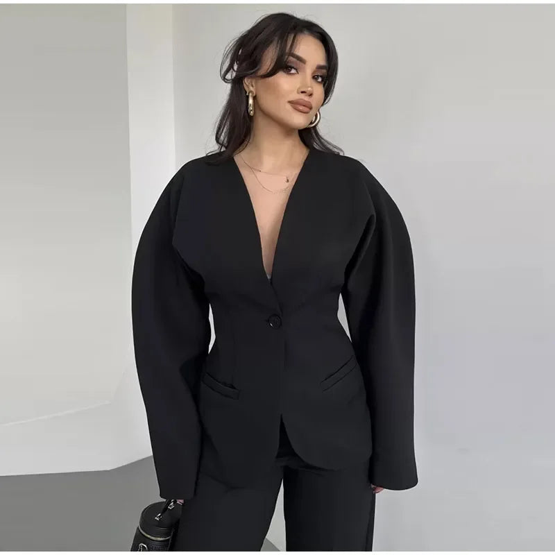 Elegant V-neck Blazers Coat Pants Set Women Solid Single Button Suit Coats Straight Long Trousers 2025 Autumn Office Lady Outfit