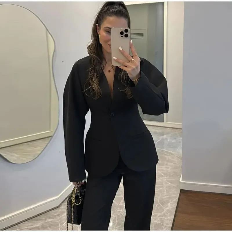 Elegant V-neck Blazers Coat Pants Set Women Solid Single Button Suit Coats Straight Long Trousers 2025 Autumn Office Lady Outfit