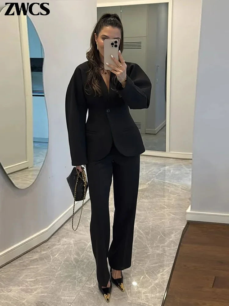 Elegant V-neck Blazers Coat Pants Set Women Solid Single Button Suit Coats Straight Long Trousers 2025 Autumn Office Lady Outfit