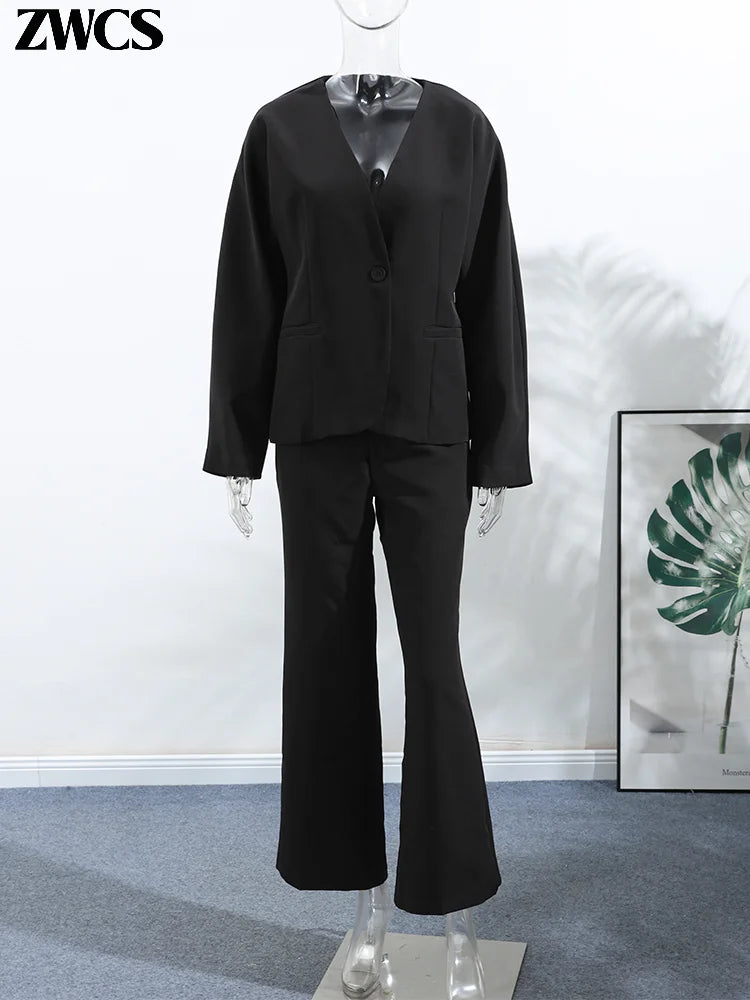 Elegant V-neck Blazers Coat Pants Set Women Solid Single Button Suit Coats Straight Long Trousers 2025 Autumn Office Lady Outfit