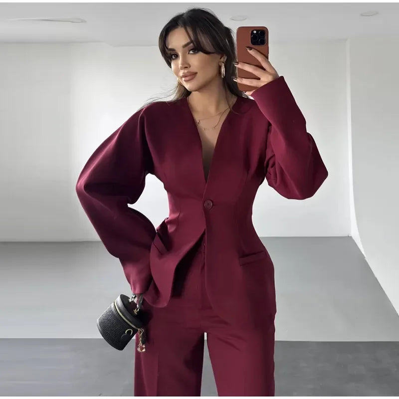 Elegant V-neck Blazers Coat Pants Set Women Solid Single Button Suit Coats Straight Long Trousers 2025 Autumn Office Lady Outfit