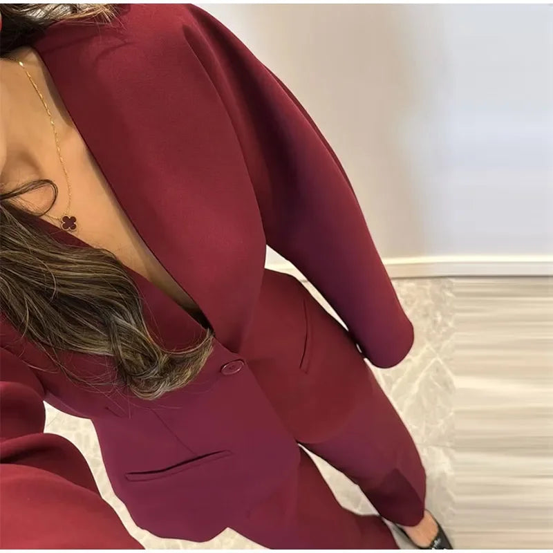 Elegant V-neck Blazers Coat Pants Set Women Solid Single Button Suit Coats Straight Long Trousers 2025 Autumn Office Lady Outfit