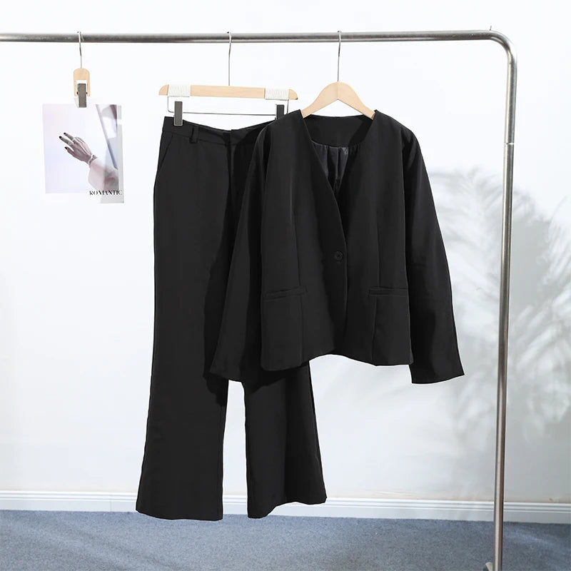 Elegant V-neck Blazers Coat Pants Set Women Solid Single Button Suit Coats Straight Long Trousers 2025 Autumn Office Lady Outfit