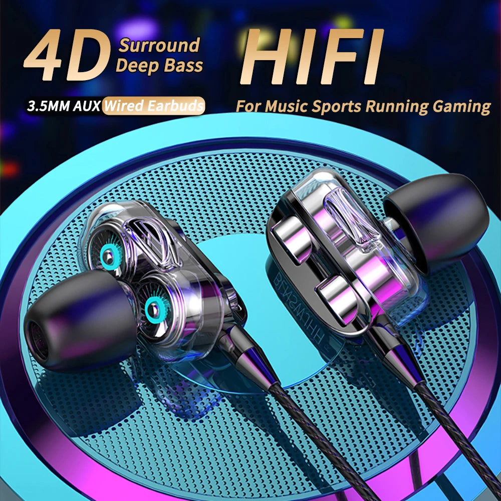 Wired Headphones Noise Canceling In-Ear Sports Earphone Dual Driver Bass Stereo Gaming Headset HiFi Music Earbuds With Mic
