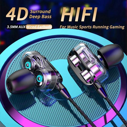 Wired Headphones Noise Canceling In-Ear Sports Earphone Dual Driver Bass Stereo Gaming Headset HiFi Music Earbuds With Mic