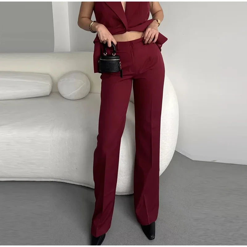 Elegant V-neck Blazers Coat Pants Set Women Solid Single Button Suit Coats Straight Long Trousers 2025 Autumn Office Lady Outfit