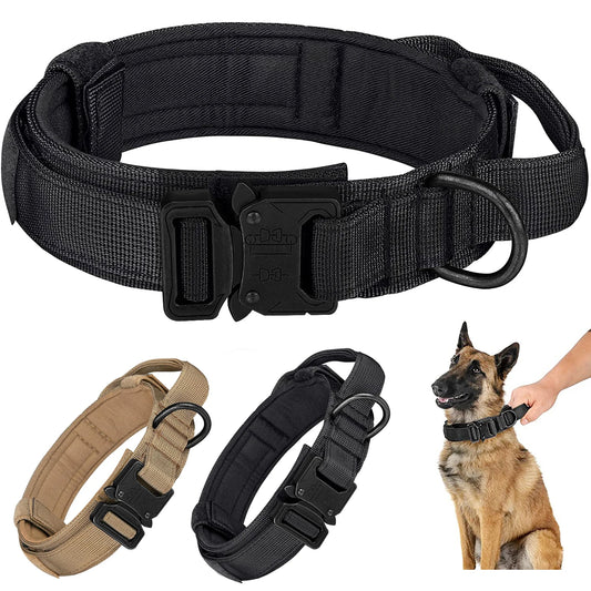 Tactical Dog Collar, Adjustable Military Training Nylon Dog Collar with Control Handle Heavy Metal Buckle for Medium and Lar