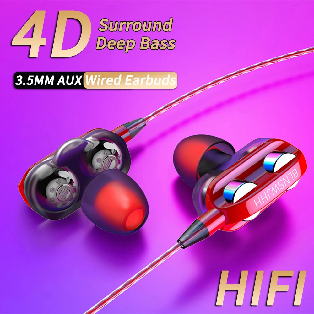 Wired Headphones Noise Canceling In-Ear Sports Earphone Dual Driver Bass Stereo Gaming Headset HiFi Music Earbuds With Mic