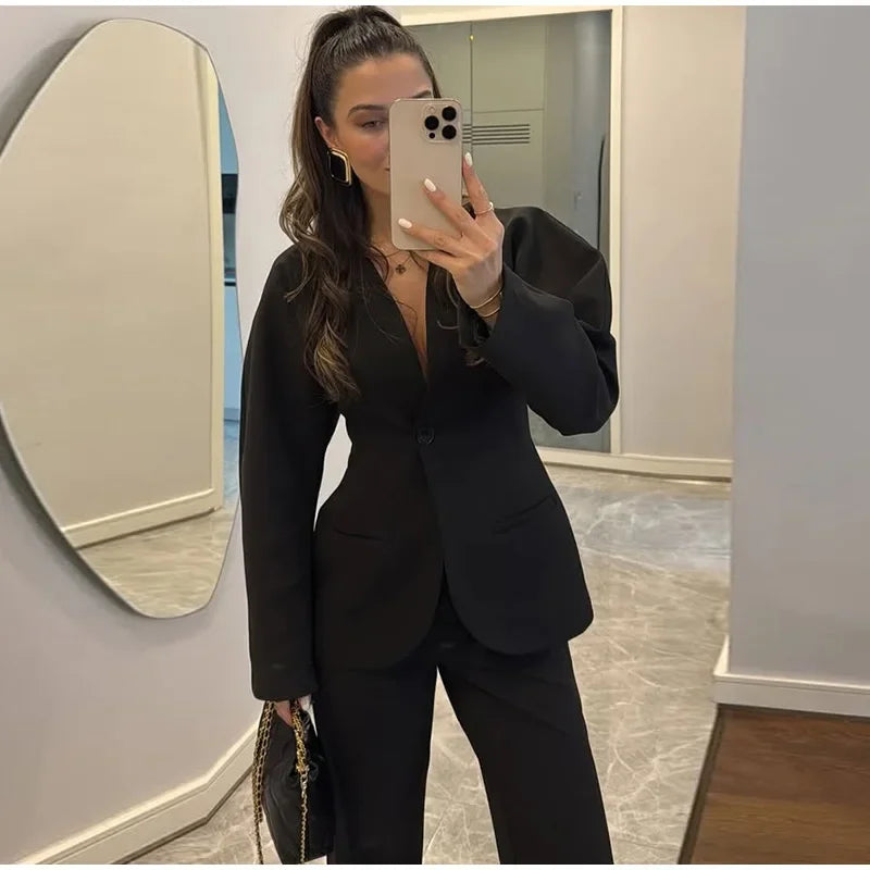 Elegant V-neck Blazers Coat Pants Set Women Solid Single Button Suit Coats Straight Long Trousers 2025 Autumn Office Lady Outfit