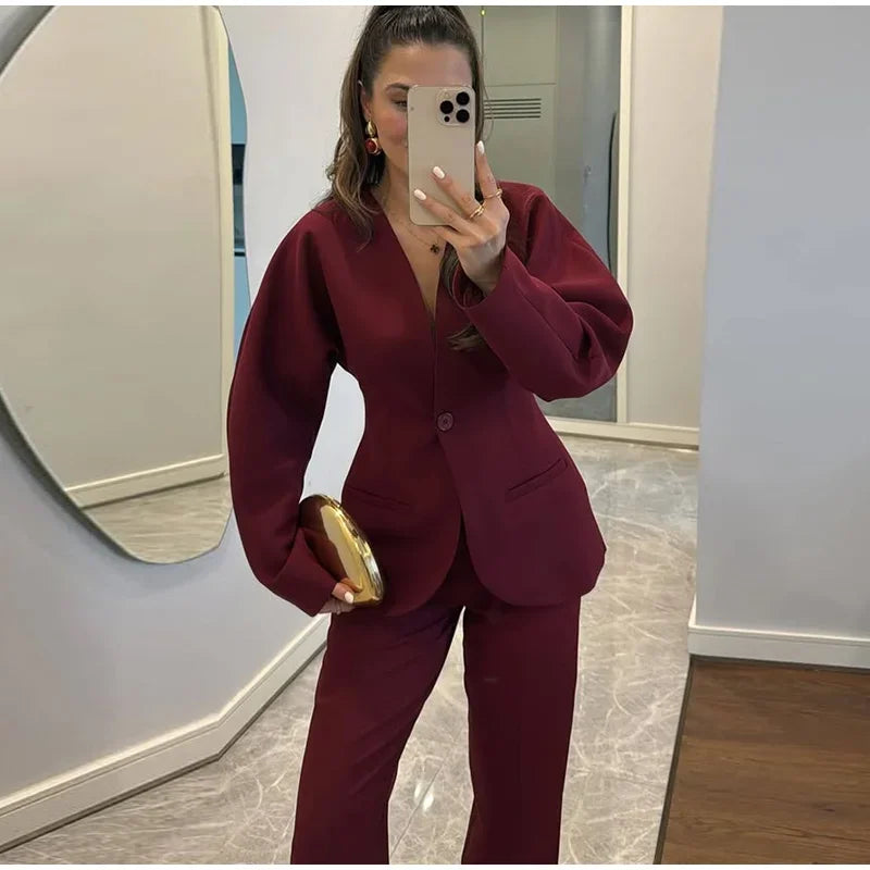 Elegant V-neck Blazers Coat Pants Set Women Solid Single Button Suit Coats Straight Long Trousers 2025 Autumn Office Lady Outfit