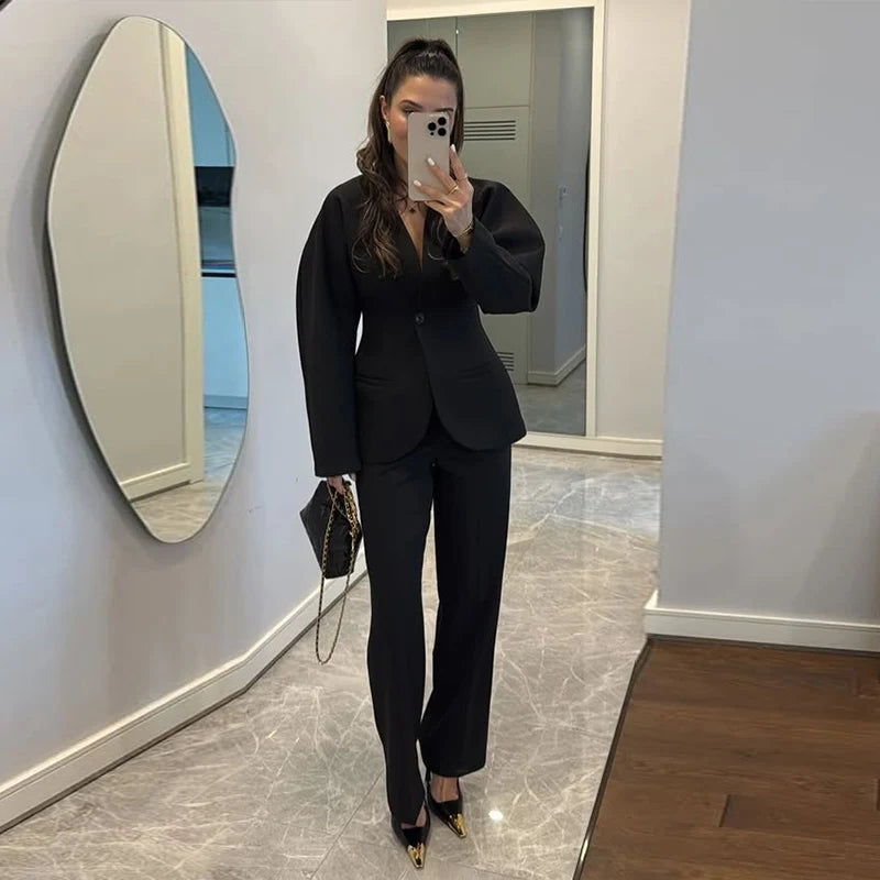 Elegant V-neck Blazers Coat Pants Set Women Solid Single Button Suit Coats Straight Long Trousers 2025 Autumn Office Lady Outfit