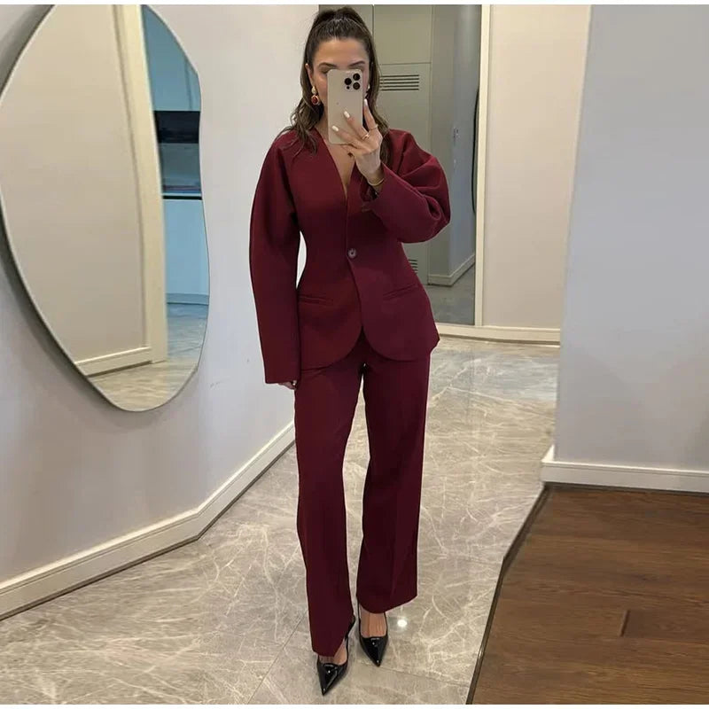 Elegant V-neck Blazers Coat Pants Set Women Solid Single Button Suit Coats Straight Long Trousers 2025 Autumn Office Lady Outfit