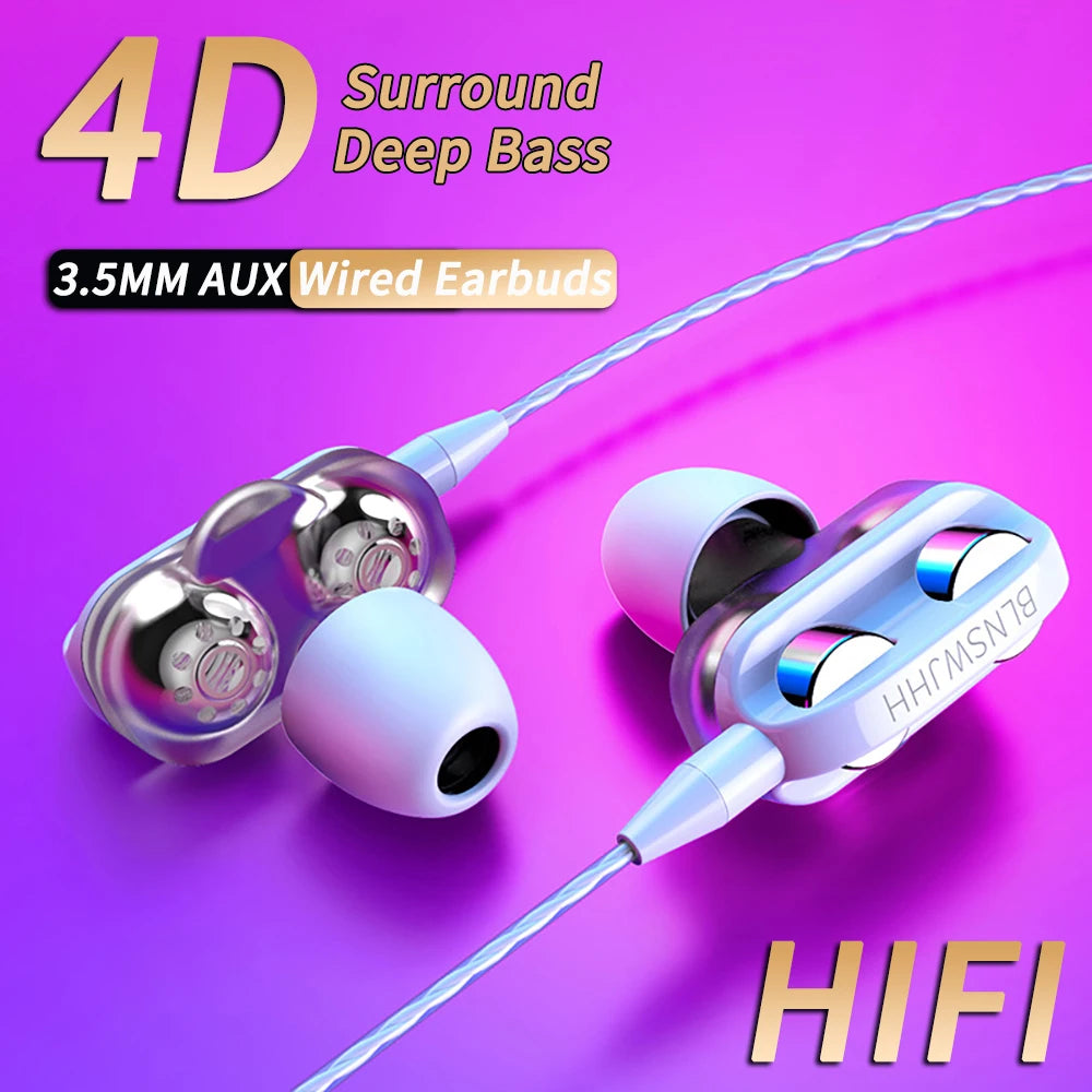 Wired Headphones Noise Canceling In-Ear Sports Earphone Dual Driver Bass Stereo Gaming Headset HiFi Music Earbuds With Mic