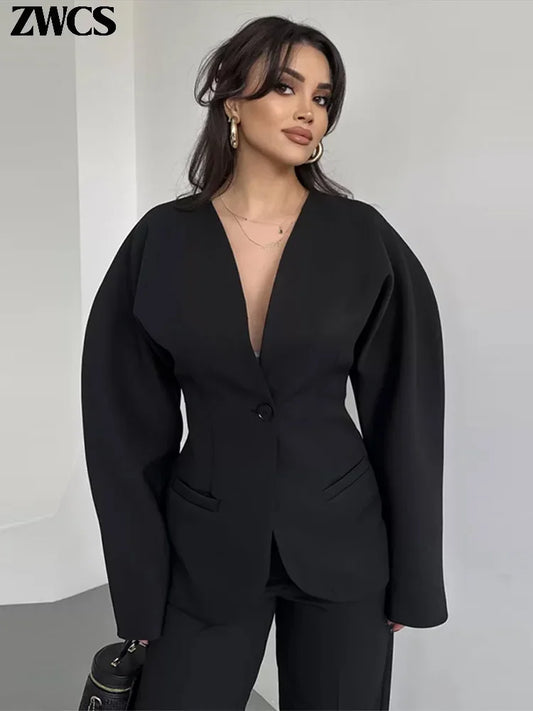 Elegant V-neck Blazers Coat Pants Set Women Solid Single Button Suit Coats Straight Long Trousers 2025 Autumn Office Lady Outfit