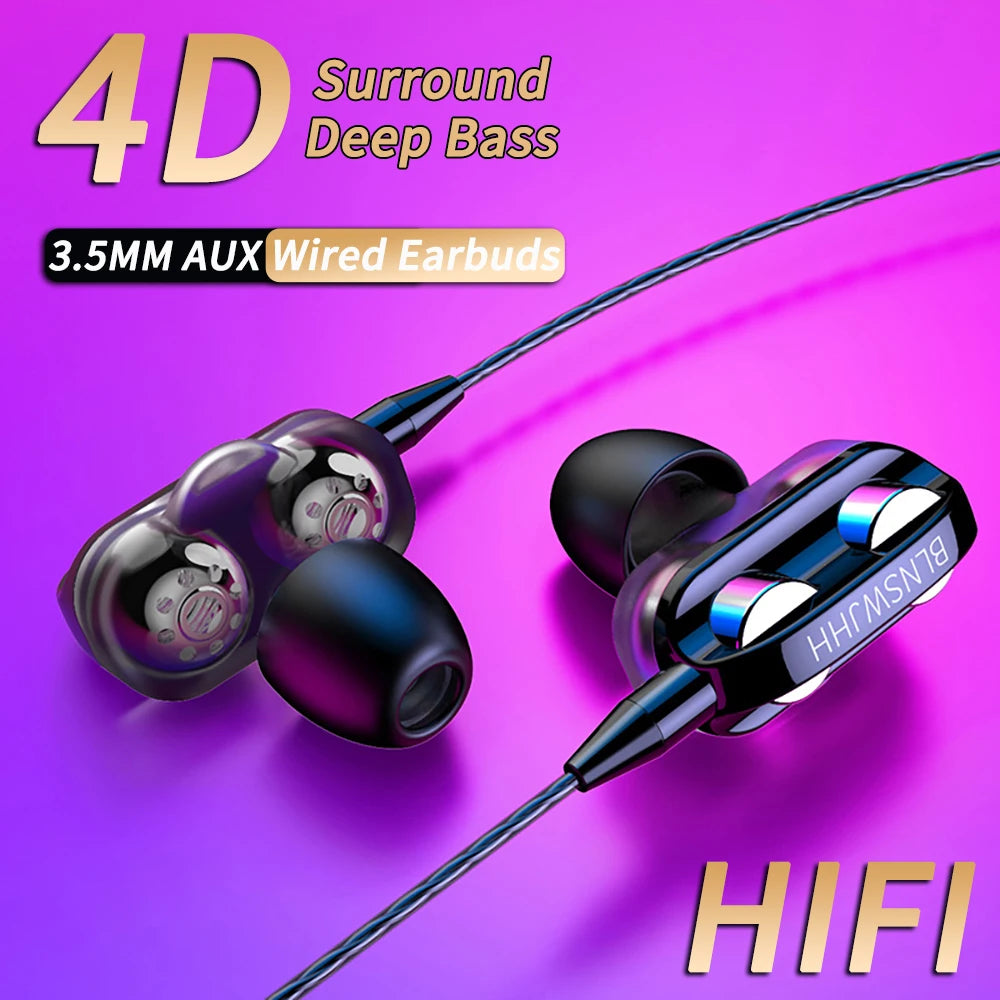 Wired Headphones Noise Canceling In-Ear Sports Earphone Dual Driver Bass Stereo Gaming Headset HiFi Music Earbuds With Mic