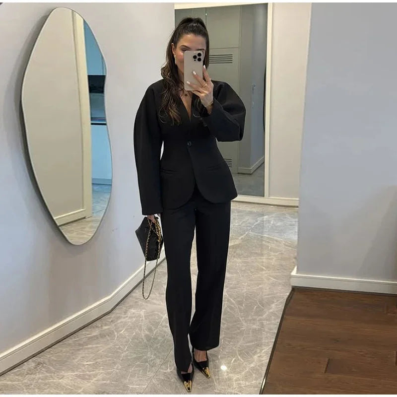 Elegant V-neck Blazers Coat Pants Set Women Solid Single Button Suit Coats Straight Long Trousers 2025 Autumn Office Lady Outfit