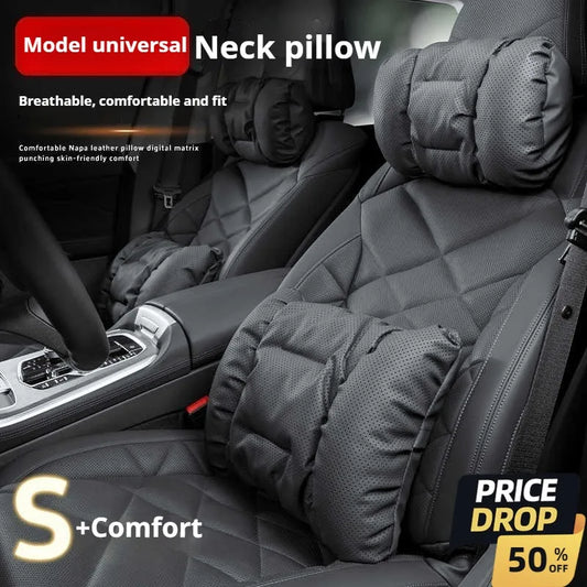 Soft Nappa Leather Car Headrest Neck Support Seat Lumbar Support Cushion Car Punched Neck Pillow Waist Pillows