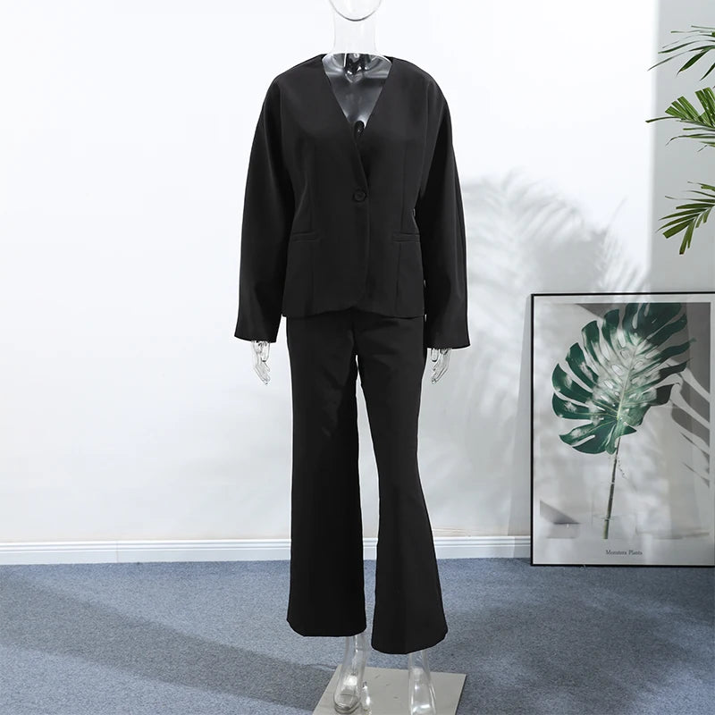 Elegant V-neck Blazers Coat Pants Set Women Solid Single Button Suit Coats Straight Long Trousers 2025 Autumn Office Lady Outfit
