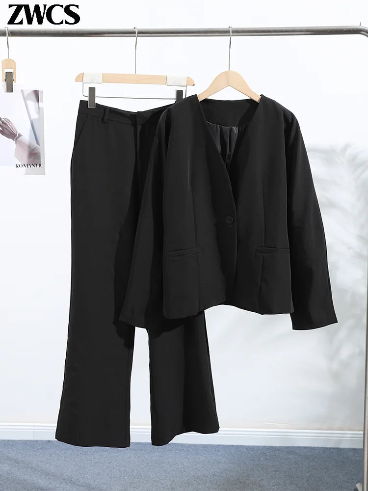 Elegant V-neck Blazers Coat Pants Set Women Solid Single Button Suit Coats Straight Long Trousers 2025 Autumn Office Lady Outfit