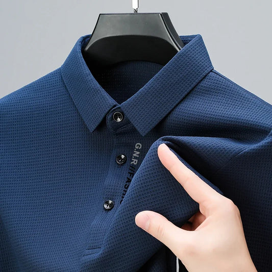Men's Waffle Long Sleeved Shirt with Letter Printed Lapel Casual Top