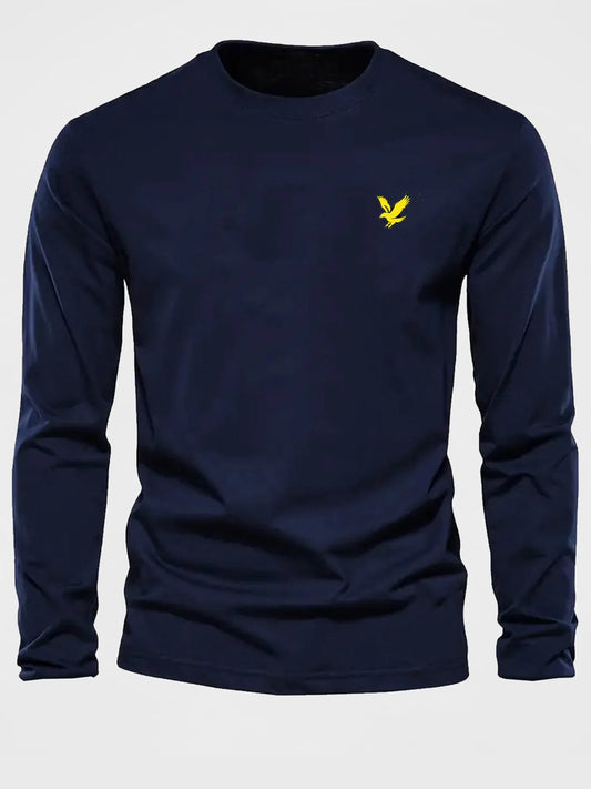 Men's 100% pure cotton loose fit comfortable casual sports eagle pattern printed round neck long sleeved T-shirt top