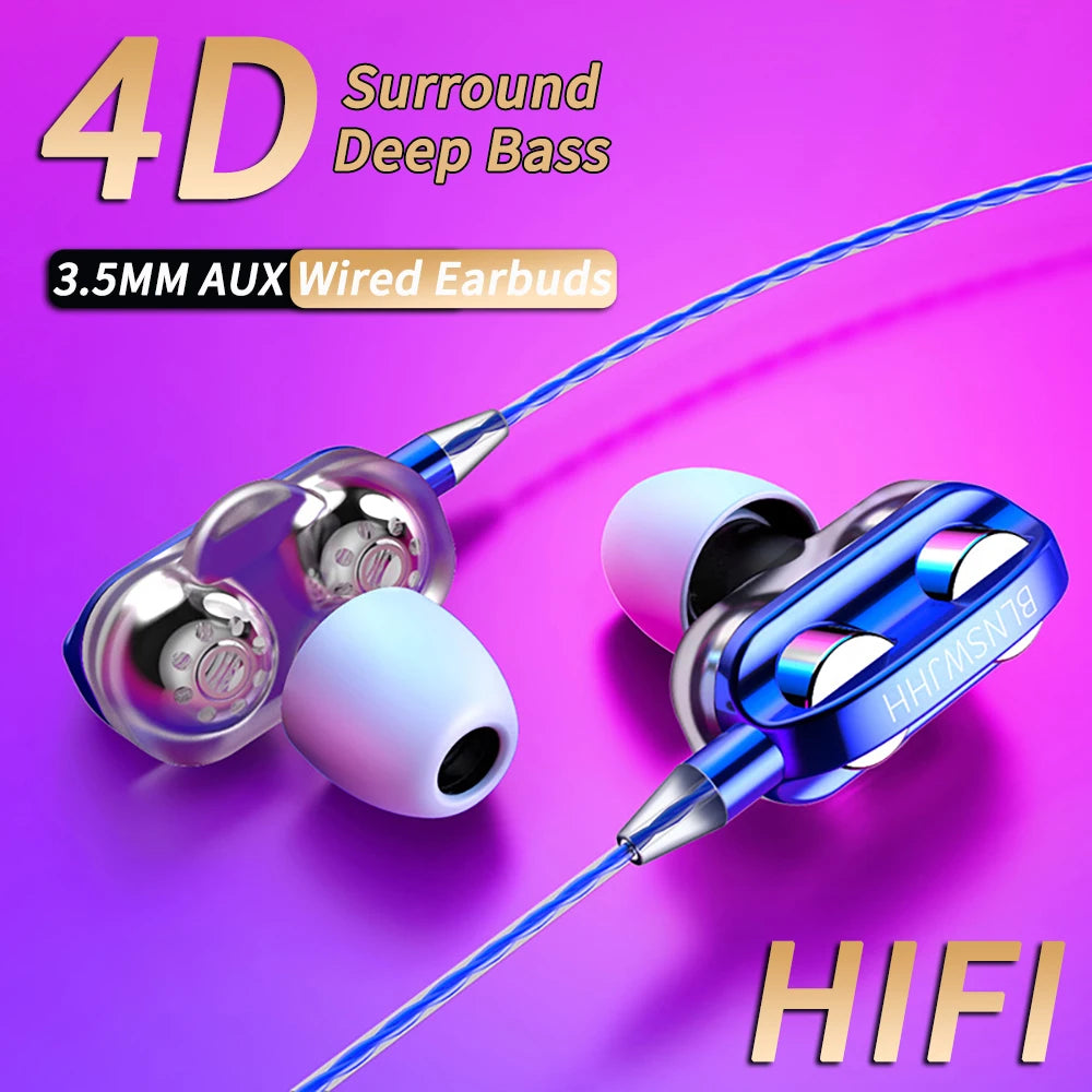 Wired Headphones Noise Canceling In-Ear Sports Earphone Dual Driver Bass Stereo Gaming Headset HiFi Music Earbuds With Mic
